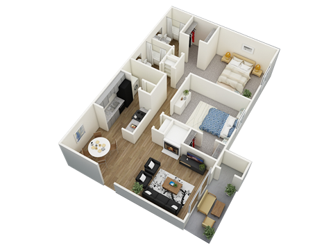Floor plan for 2 beds, 2 baths, 1050 sqft